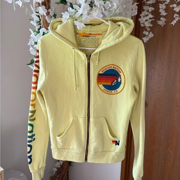 Aviator Nation Light Lime Green Zip Hoodie with Rainbow Logo Venice CA 🌊 🌈 - Picture 2 of 7